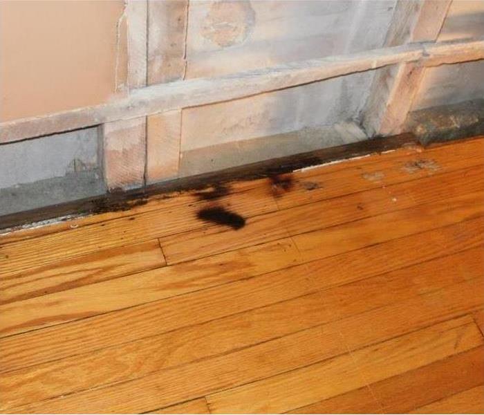 removed wallboard and burnt marks on hardwood flooring